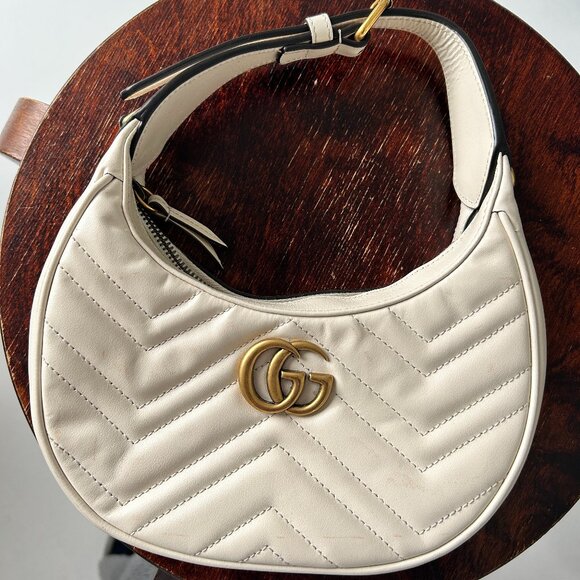 AUTHENTIC Gucci Mini GG Marmont Half Moon Bag White Calf Leather Satchel - Picture 1 of 8